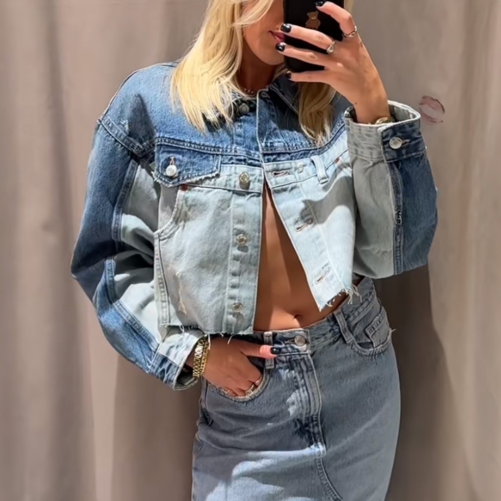 ZARA WOMAN PATCHWORK DENIM TRF JACKET FRAYED BLUE - SIZE: SMALL